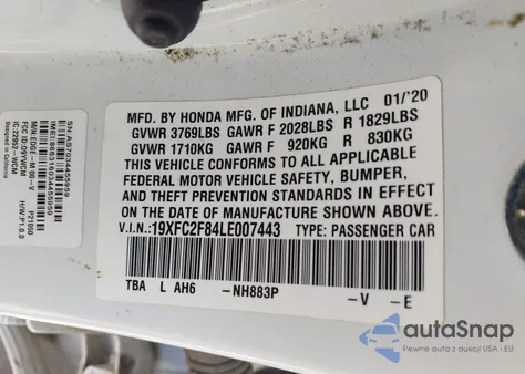 2020 Honda Civic Sport z USA, uszkodzony, nr VIN 19XFC2F84LE007443